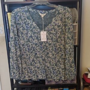 Lucky Brand Floral V-Neck Blouse - Green and Cream